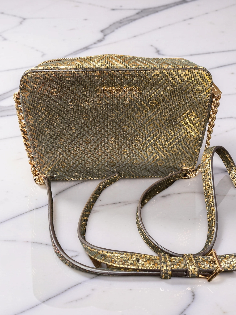 Michael Kors Ginny Camera Bag Metallic Gold Woven Crossbody